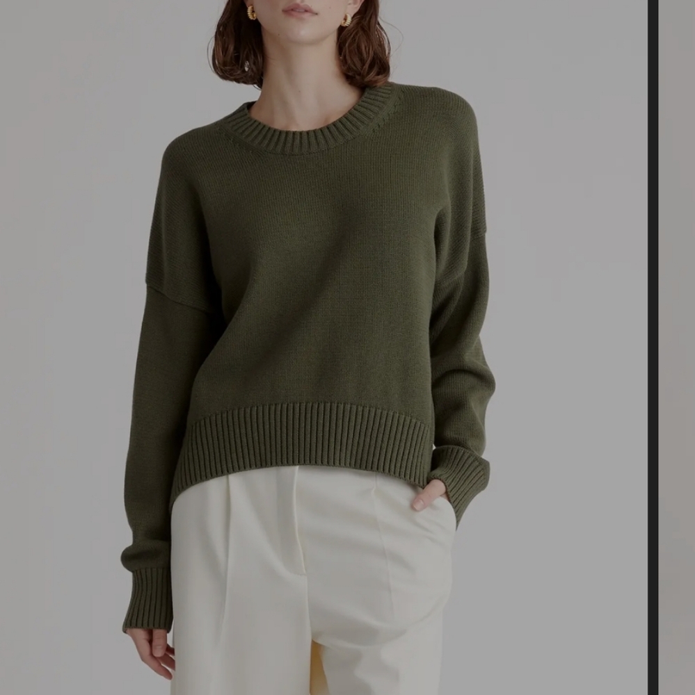 Quince 100% Organic Cotton Boyfriend Crew Sweater. Color: Dark Olive. Si…